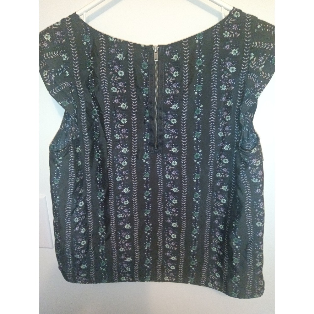 Forever 21 Floral Tiered Ruffle Blouse Sleeveless Back Zip Green Black Medium - Picture 4 of 4